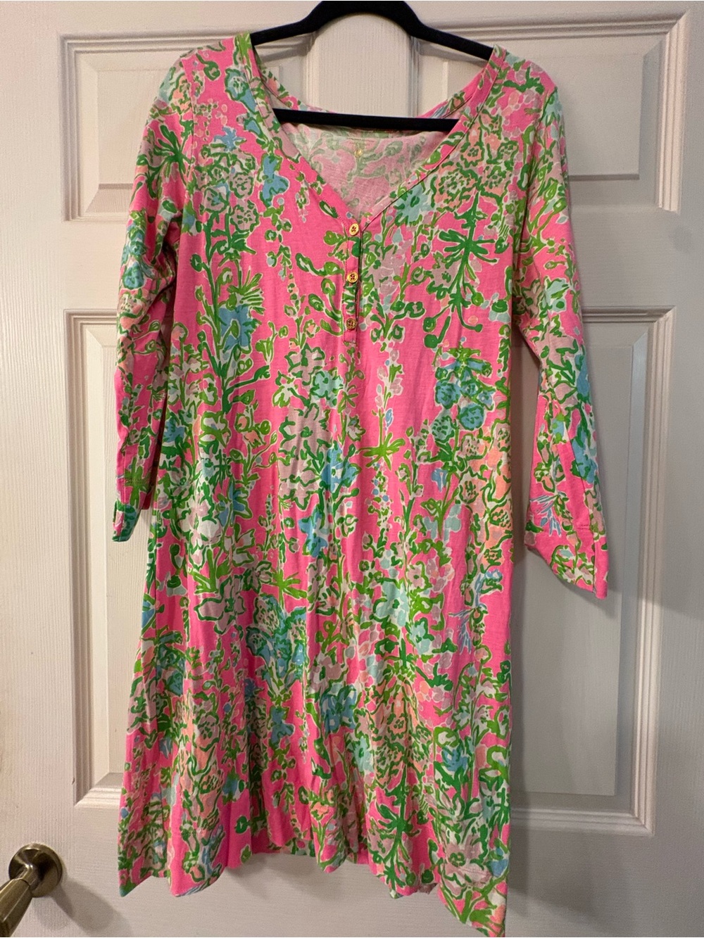 Lilly Pulitzer Pink Floral V-Neck Midi Dress with Green & Blue Print